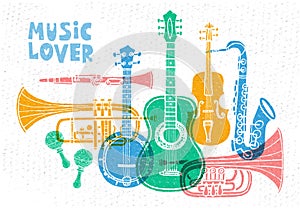 Musical instruments, guitar, fiddle, violin, clarinet, banjo, trombone, trumpet, saxophone, sax. Hand drawn vector illustration.