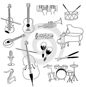 Musical instruments guitar, flute, cello, violin ,saxophone set doodles