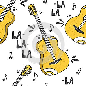 Musical instruments, colorful seamless pattern. Decorative background with guitars