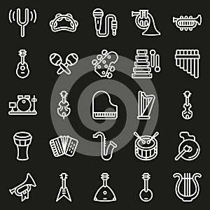 Musical instruments icon set on black background