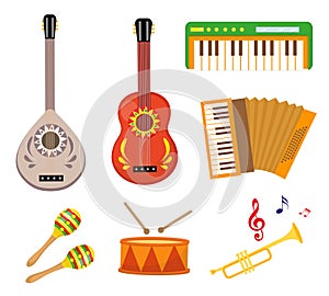 Musical instruments icon set flat cartoon style. Collection with guitar, bouzouk, drum, trumpet, synthesizer. Vector