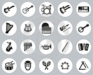 Musical Instruments Icons Black & White Flat Design Circle Set Big