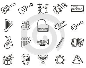 Musical Instruments Icons Black & White Thin Line Set Big