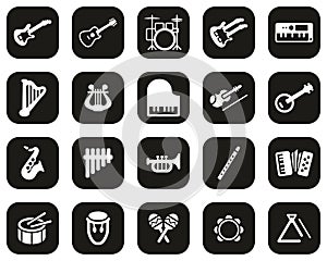 Musical Instruments Icons White On Black Flat Design Set Big