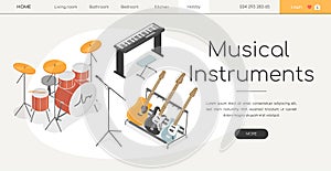Musical instruments - line design style isometric web banner