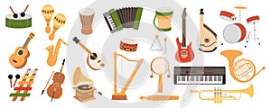 Musical instruments mega set in cartoon graphic design. Bundle elements of drum, maracas, banjo, accordion, guitar, bandura,