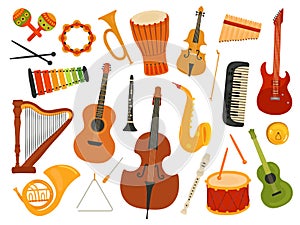 Musical instruments. Music sound instrument, harp and flute, synthesizer and drum. Graphics instrumental toys. Vector