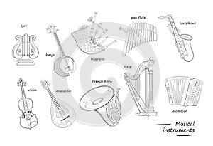 Musical instruments with names. Coloring book. Set of black and white illustrations for encyclopedia or for kids school textbook.