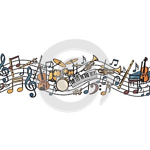 Musical instruments and notes are illustrated against a white background. The image