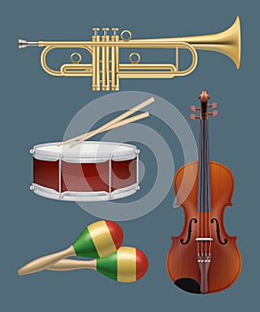 Musical instruments. Piano sax guitar and other handy instruments for music band vector realistic set