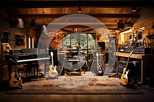 Musical instruments in a recording studio. Guitar, piano electric guitar, Indoor recording studio with guitars amps and pianos