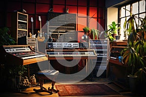 Musical instruments in the room of a music studio. Music concept, Vintage music recording studio with amps and synthesizer, AI