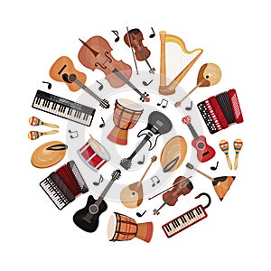 Musical Instruments Round Composition Design for Entertainment Performance Vector Template
