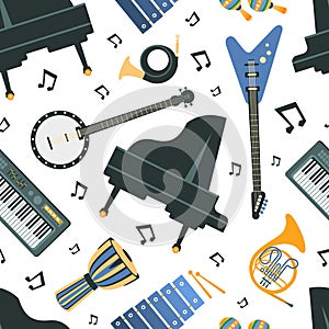 Musical instruments Seamless Pattern, Piano, Banjo, Guitar, French Horn, Trumpet, Synthesizer, Design Element Can Be