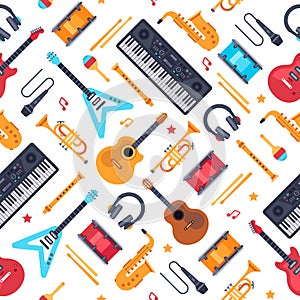 Musical instruments seamless pattern. Vintage piano synthesizer, rock guitar and drums. Music vector flat background