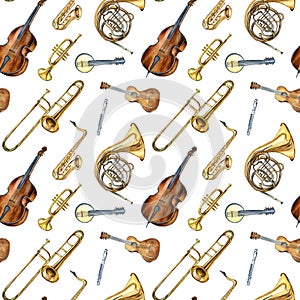 Musical instruments seamless pattern watercolor isolated on white.