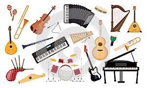 Musical instruments set. Folk classical musical equipment violin, bagpipe harp synthesizer.