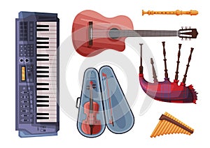 Musical Instruments Set, Harmonica, Flute, Violin in Case, Bagpipe, Clarinet, Synthesizer Flat Style Vector Illustration