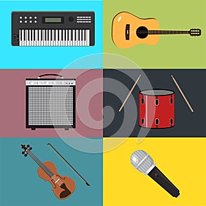 Musical instruments set. Vector illustration of the musical instruments. Flat style design with long shadow.