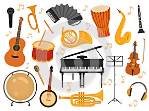Musical instruments. Sound toys, music instrument for rhythm study. Flat isolated drum and flute, acoustic guitar and photo