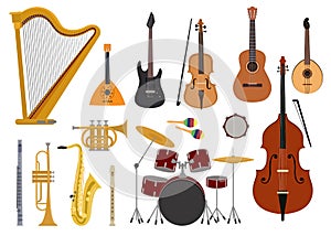 Musical instruments vector music concert with acoustic guitar balalaika and musicians violin harp illustration set wind