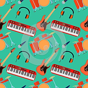 Musical instruments vector seamless pattern. Guitar synthesizer, drum, microphone, headphones for band. Flat design