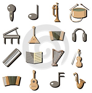 Musical instruments volumetric icons with shadows