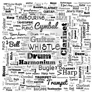 musical instruments word cloud, word cloud use for banner, painting, motivation, web-page, website background, t-shirt & shirt