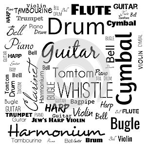 musical instruments word cloud, word cloud use for banner, painting, motivation, web-page, website background, t-shirt & shirt