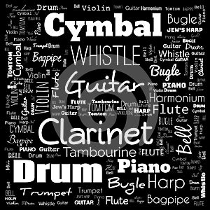 musical instruments word cloud, word cloud use for banner, painting, motivation, web-page, website background, t-shirt & shirt