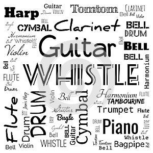 musical instruments word cloud, word cloud use for banner, painting, motivation, web-page, website background, t-shirt & shirt