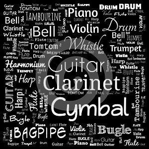 musical instruments word cloud, word cloud use for banner, painting, motivation, web-page, website background, t-shirt & shirt