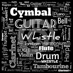 musical instruments word cloud, word cloud use for banner, painting, motivation, web-page, website background, t-shirt & shirt