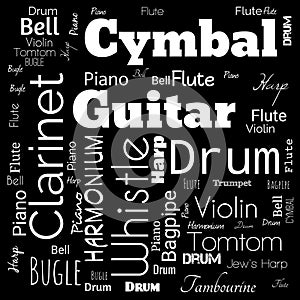 musical instruments word cloud, word cloud use for banner, painting, motivation, web-page, website background, t-shirt & shirt