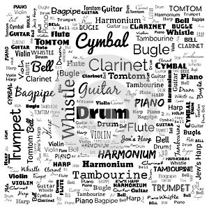 musical instruments word cloud, word cloud use for banner, painting, motivation, web-page, website background, t-shirt & shirt