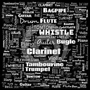 musical instruments word cloud, word cloud use for banner, painting, motivation, web-page, website background, t-shirt & shirt