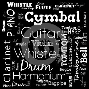 musical instruments word cloud, word cloud use for banner, painting, motivation, web-page, website background, t-shirt & shirt