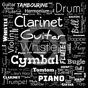 musical instruments word cloud, word cloud use for banner, painting, motivation, web-page, website background, t-shirt & shirt