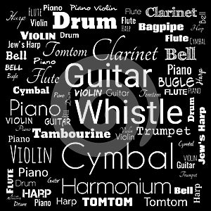 musical instruments word cloud, word cloud use for banner, painting, motivation, web-page, website background, t-shirt & shirt