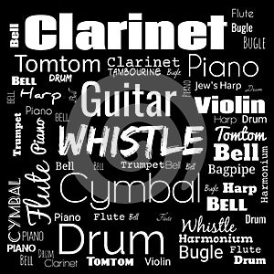 musical instruments word cloud, word cloud use for banner, painting, motivation, web-page, website background, t-shirt & shirt