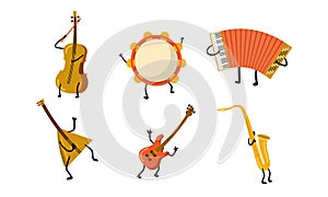 Musical instuments characters with hands and legs vector illustration