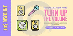 Musical and Karaoke Party Concept Horizontal Placard Poster Banner Card Coupon. Vector