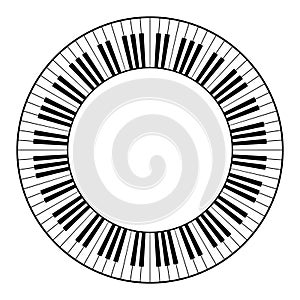 Musical keyboard with twelve octaves, circle frame and decorative border photo