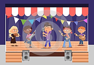 Musical kids on stage. Child perform music, children school theater. Rock musicians concert, cute teens play instruments