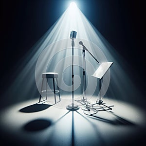 A musical microphone and music stand, sits on alone on stage ready to play, under a strong single spotlight