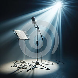 A musical microphone and music stand, sits on alone on stage ready to play, under a strong single spotlight