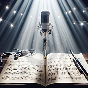 A musical microphone and music stand, sits on alone on stage ready to play, under a strong single spotlight