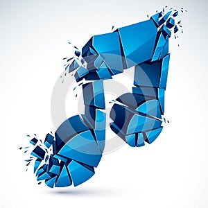 Musical note breaking to pieces and exploding, vector 3d realist