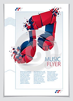 Musical note breaking to pieces and exploding, vector 3d realistic illustration symbol. Hard and loud music sound concept, flyer