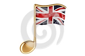 Musical note with British flag. Music in the Great Britain, concept. 3D rendering